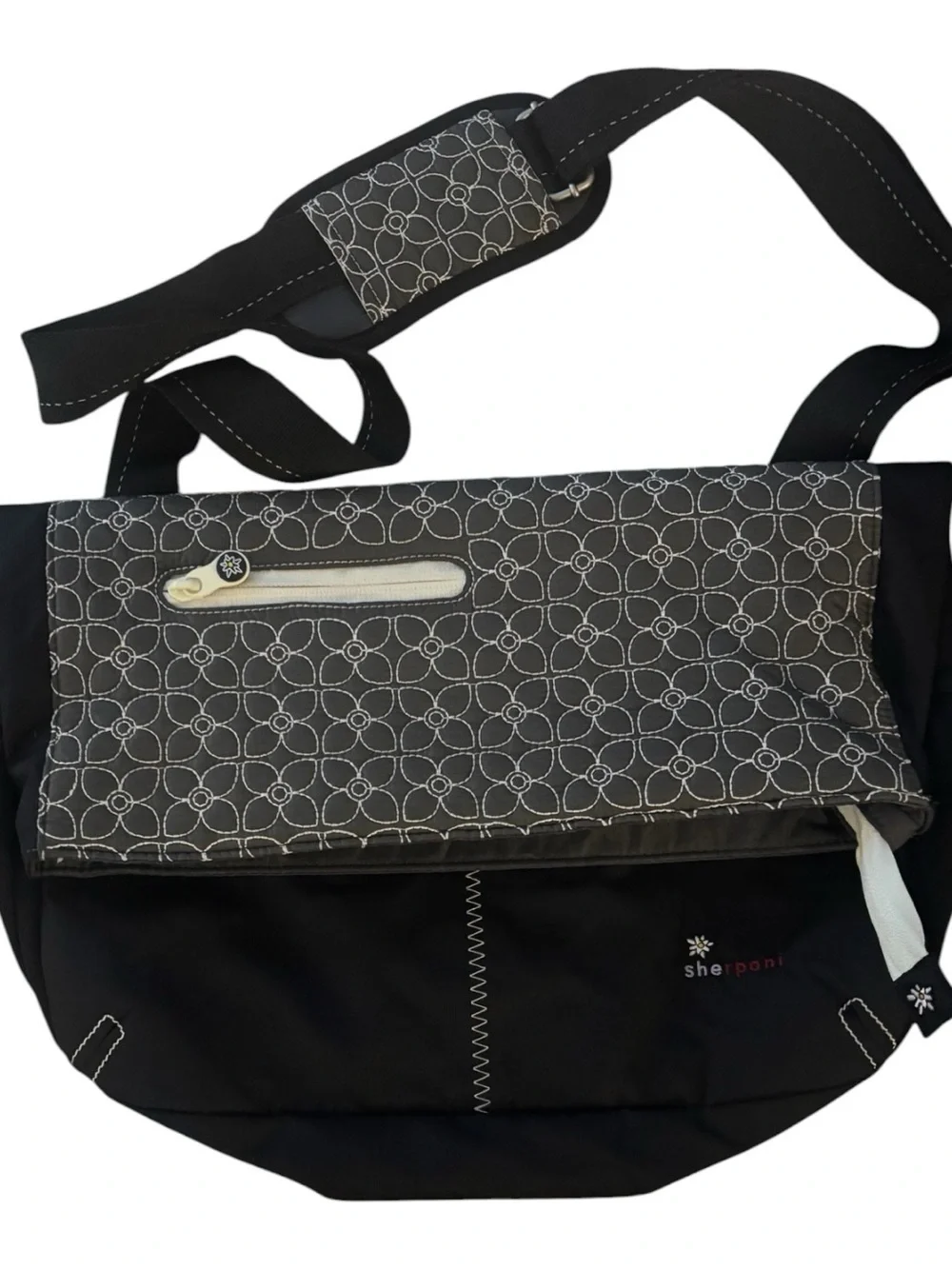 Sherpani Black Messenger Bag with Gray Patterned Flap